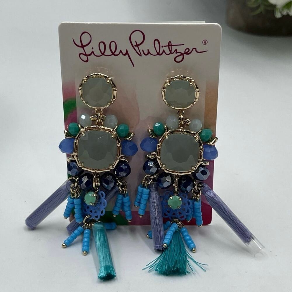 Lilly Pulitzer Waterside Tassel Statement Earrings in Multicolor Blue Hues New